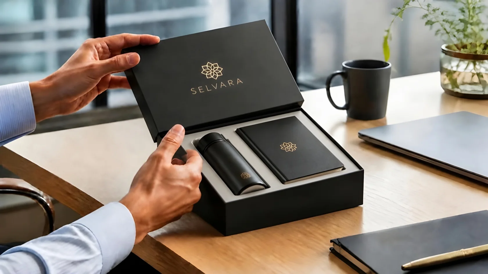 Hände heben den Deckel einer schwarzen Geschenkbox mit Goldprägung, innen eine passgenaue Einlage mit Trinkflasche und Notizbuch