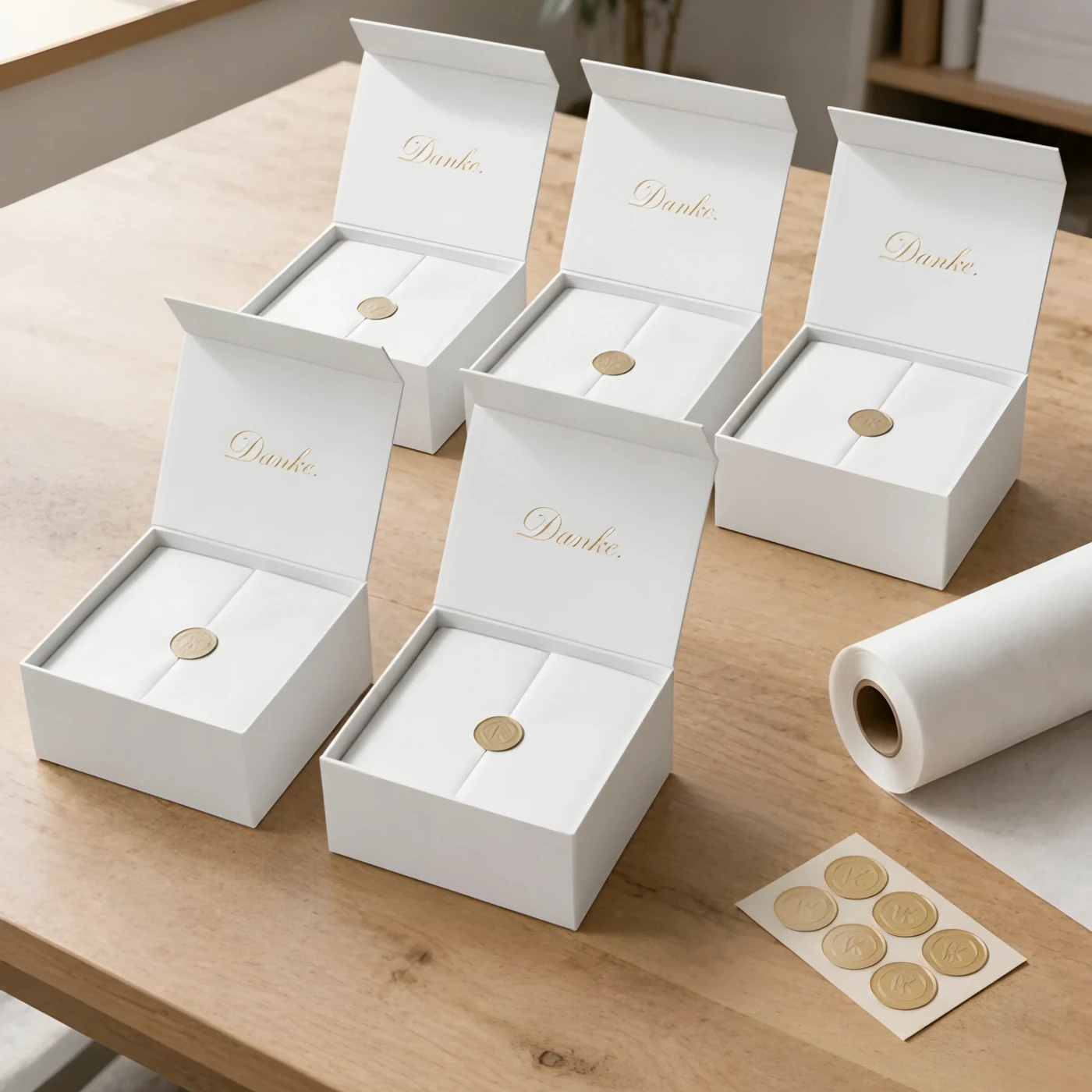 Packtisch mit fünf offenen weißen Magnetboxen, Seidenpapier-Rolle und Goldsiegeln