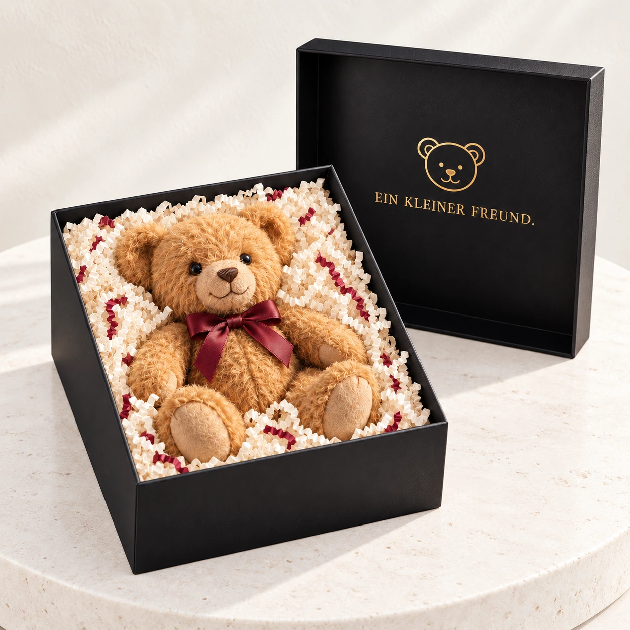 Schwarze Stülpdeckelbox mit Teddybär in cremefarbener und roter Papierwolle, im Deckel ein Bärenlogo und „Ein kleiner Freund.“ in Goldfolie