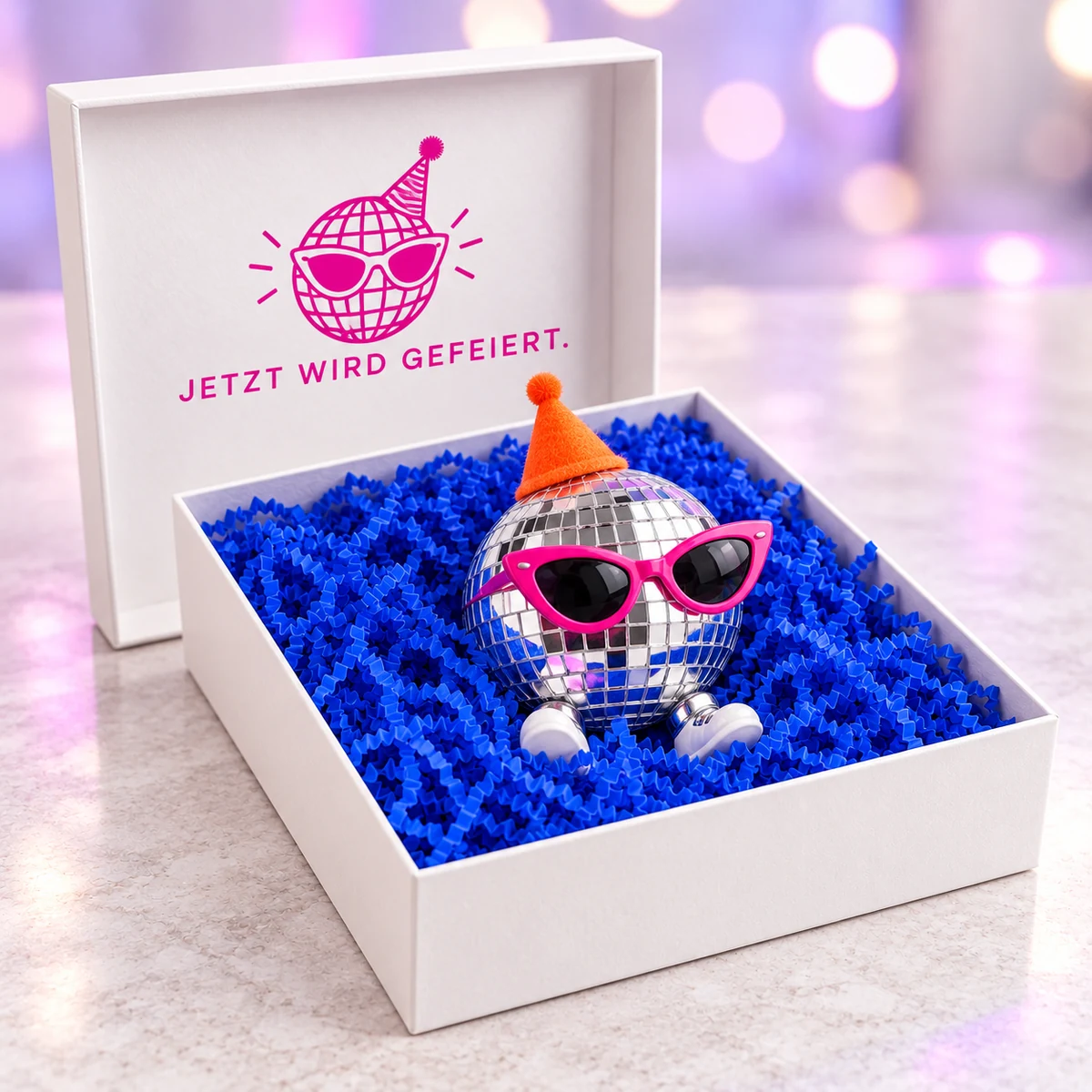 Weiße Box mit Discokugel-Figur in blauem Knüllpapier, im Deckel „Jetzt wird gefeiert.“ in Pink