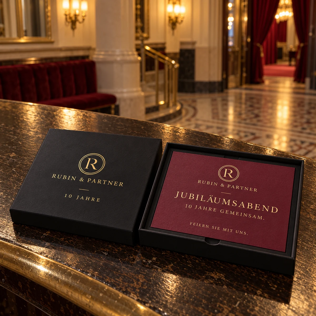 Schwarze Stülpdeckelbox mit weinroter Karte „Jubiläumsabend“, daneben der Deckel mit Monogramm in Goldfolie, in einem festlichen Foyer
