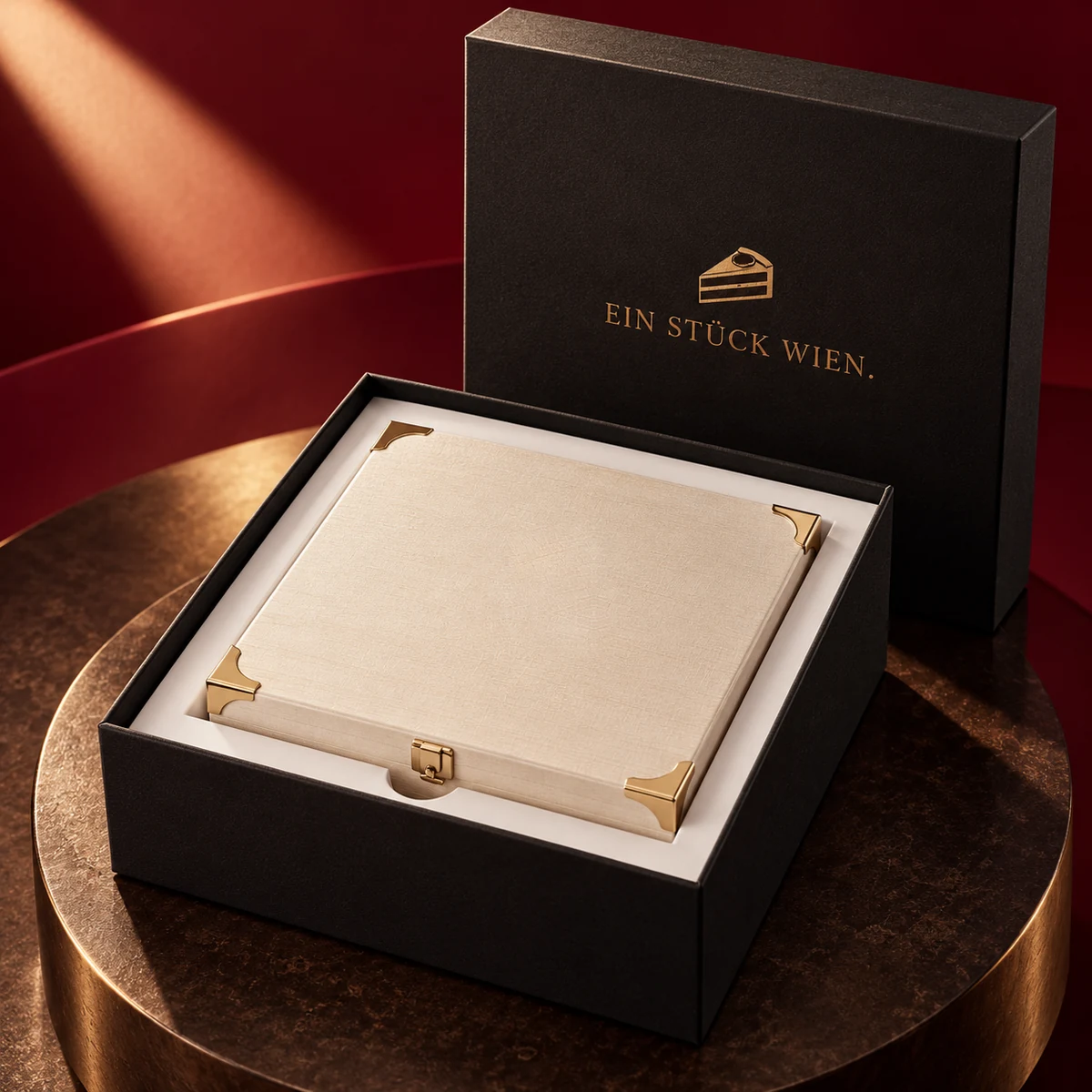 Schwarze Stülpdeckelbox mit Holzkiste in einer Einlage nach Maß, im Deckel ein Tortenstück und „Ein Stück Wien.“ in Goldfolie